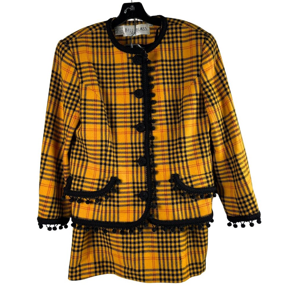Vintage Bill Blass Wool Skirt Suit – Mustard Yellow Plaid 90s Clueless Vibes